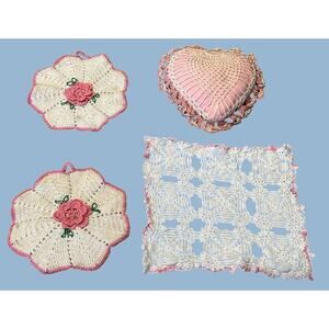 VTG Hand Crochet Doily Sachet 4 Pc Lot Floral Hearts Cream Pink Granny Kitsch